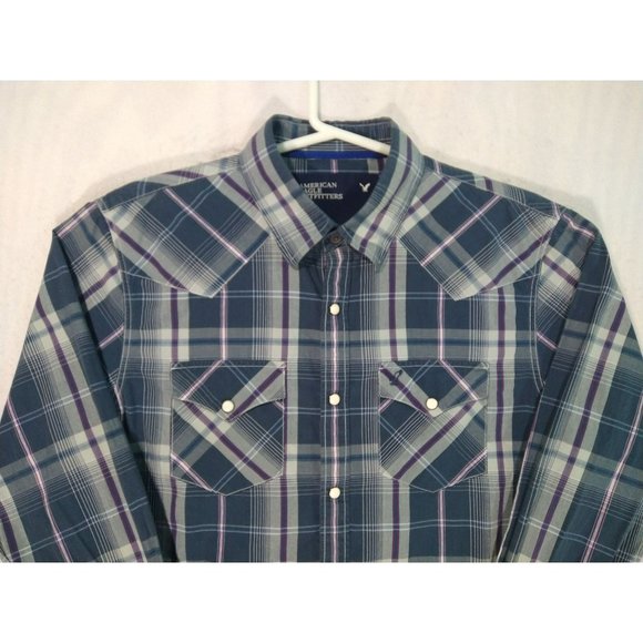 American Eagle Outfitters Vintage Fit Pearl Snap Western Button Down Medium Blue - Picture 3 of 9